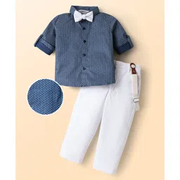 Mark & Mia Cotton Woven Full Sleeves Printed Shirt & Trouser With Bow & Suspender - Blue & White-picture-13