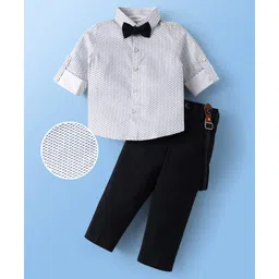 Mark & Mia Cotton Woven Full Sleeves Printed Shirt & Trouser With Bow & Suspender - White & Black-picture-16