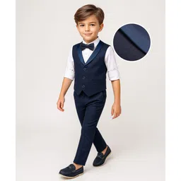 Mark & Mia Cotton Woven Full Sleeves Solid Colour 3 Piece Party Suit With Bow - Navy Blue-picture-14