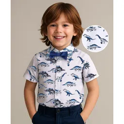 Mark & Mia Cotton Woven Half Sleeves Dino Printed Shirt with Bow Detailing - White-picture-23