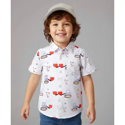 Mark & Mia Cotton Woven Half Sleeves Shirt With Construction Vehicle Print - White-picture-27