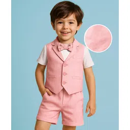 Mark & Mia Cotton Woven Half Sleeves Solid T-Shirt & Shorts With Bow Applique & Waistcoat - Pink-picture-11