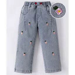 Mark & Mia Full Length Washed Denim Jeans With Floral Embroidery - Blue-picture-11
