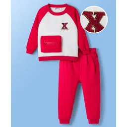Mark & Mia Full Raglan Sleeves Winter Wear T-Shirt & Joggers Set with Pouch Applique - Red & White-picture-20