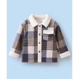 Mark & Mia Full Sleeves Checkered Jacket with Patch Pocket & Fur - Navy Blue-picture-11