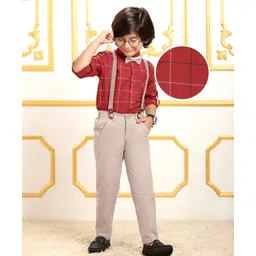Mark & Mia Full Sleeves Checkered Party Shirt & Trouser Set with Bow & Suspender - Red & Cream-picture-15