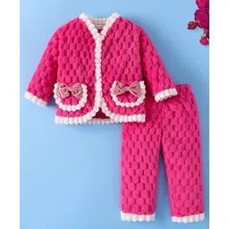 Mark & Mia Full Sleeves Front Open Co-Ord Winter Wear Night Suit with Bubble Quilting Design & Bow Applique - Fuchsia-picture-19