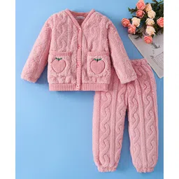 Mark & Mia Full Sleeves Front Open Co-Ord Winter Wear Night Suit with Cable Knit & Apple Design - Pink-picture-20