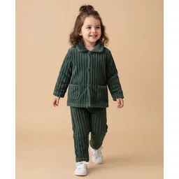 Mark & Mia Full Sleeves Front Open Co-ords Winter Wear Night Suit - Green-picture-22