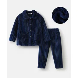 Mark & Mia Full Sleeves Front Open Co-ords Winter Wear Night Suit - Navy Blue-picture-26