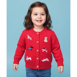 Mark & Mia Full Sleeves Front Open Sweater with Animal Embroidery - Red-picture-21