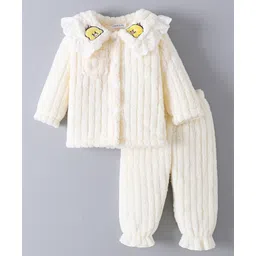 Mark & Mia Full Sleeves Front Open Winter Wear Night Suit With Birds Detailing - Cream-picture-35
