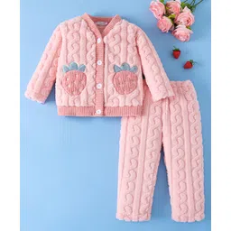 Mark & Mia Full Sleeves Front Open Winter Wear Night Suit with Cable Knit Quilt & Strawberry Design - Pink-picture-29