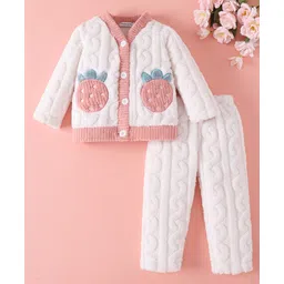 Mark & Mia Full Sleeves Front Open Winter Wear Night Suit with Cable Knit Quilt & Strawberry Design - White & Pink-picture-33