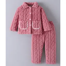 Mark & Mia Full Sleeves Front Open Winter Wear Night Suit With Knit Design - Maroon-picture-31