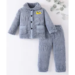 Mark & Mia Full Sleeves Front Open Winter Wear Night Suit with Peter Pan Collar & Kitty Patch - Grey-picture-36
