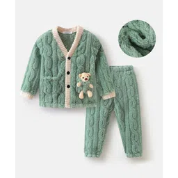 Mark & Mia Full Sleeves Front Open Winter Wear Night Suit with Teddy Bear Applique & Cable Knit Design - Green-picture-34