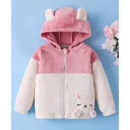 Mark & Mia Full Sleeves Fur Hooded Winter Jacket With Bunny Embroidery & Applique - Pink & White-picture-18