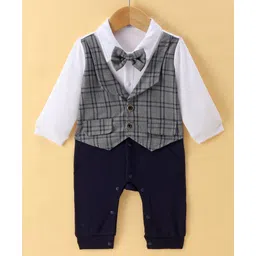 Mark & Mia Full Sleeves Party Romper with Attached Checkered  Waist Coat & Bow - Grey White & Blue-picture-25