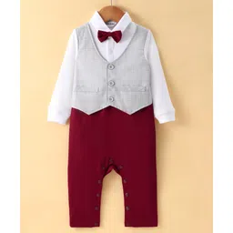Mark & Mia Full Sleeves Party Romper With Checked Waist Coat & Bow Detailing - Red & White-picture-19