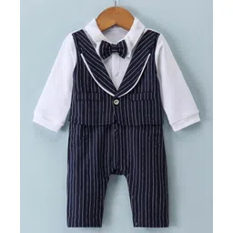 Mark & Mia Full Sleeves Party Wear Romper With Bow Striped - White & Blue-picture-28