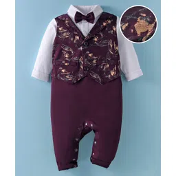 Mark & Mia Full Sleeves Printed Textured Party Romper with Waist Coat & Bow - Wine-picture-10