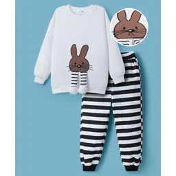 Mark & Mia Full Sleeves Winter Wear T-Shirt & Joggers Set With Bunny Applique - White & Black-picture-25