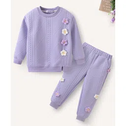 Mark & Mia Full Sleeves Winter Wear T-Shirt & Joggers Set with Floral Applique Detailing - Lavender-picture-10