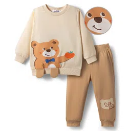 Mark & Mia Full Sleeves Winter Wear T-Shirt & Joggers Set With Teddy Applique - Tan & Beige-picture-26