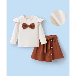 Mark & Mia Full Sleeves Winter Wear Top & Skirt Set with Bow Applique & Belt - Brown & White-picture-10