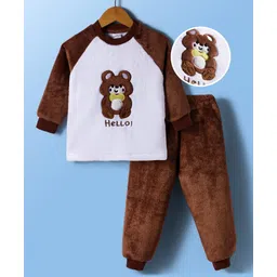 Mark & Mia Fur Woven Full Raglan Sleeves Winter Wear Night Suit with Bear Applique - Brown-picture-25