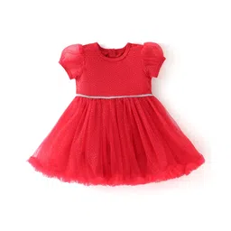 Mark & Mia Half Puffed Sleeves Shimmered Frock Style Onesie with Lace Detailing  - Red-picture-19