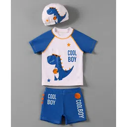 Mark & Mia Half Raglan Sleeves Two Piece Swimsuit With Dino Print & Swimming Cap - White & Blue-picture-32