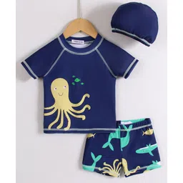Mark & Mia Half Raglan Sleeves Two Piece Swimsuit With Sea Animals Print & Swimming Cap - Navy Blue-picture-19