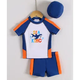 Mark & Mia Half Raglan Sleeves Two Piece Swimsuit With Shark Print & Swimming Cap - Blue-picture-36