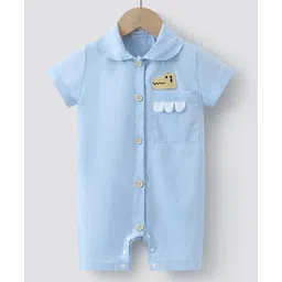 Mark & Mia Half Sleeves Solid Colour Collared Front Open Romper with Crocodile Patch - Light Blue-picture-14