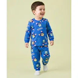 Mark & Mia Interlock Knit Full Sleeves Co-Ord Winter Nightsuit with Vehicle Print - Blue-picture-15