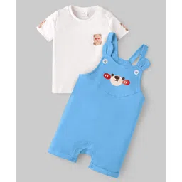Mark & Mia Interlock Knit Half Sleeves T-Shirt And Dungaree Set With Teddy Print - Light Blue & White-image-1