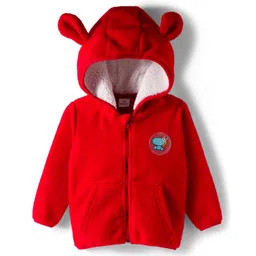 Mark & Mia Knit Full Sleeves Polar Fleece Hooded Sweatjacket With Kangaroo Pockets & Badge Detailing - Red-picture-14