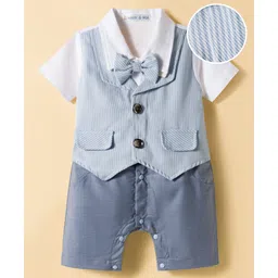Mark & Mia Knit Half Sleeves Party Romper With Attached Waistcoat & Bow - Blue-picture-24