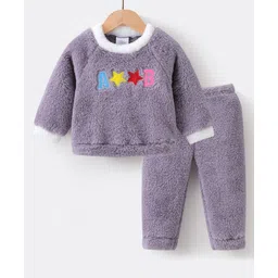 mark & mia Kookie Kids Fur Woven Full Raglan Sleeves Night Suit Set with Star & Text Patch - Purple-picture-23