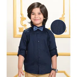 Mark & Mia Satin Woven Full Sleeves Pleated Party Shirt with Suspender & Bow  -  Navy Blue-picture-18