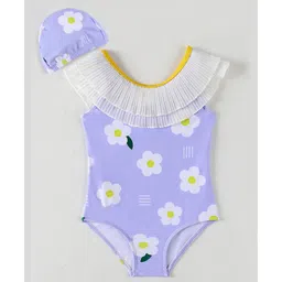 Mark & Mia Sleeveless V Cut Swimsuit & Cap with Floral Print & Frill - Light Blue-picture-25