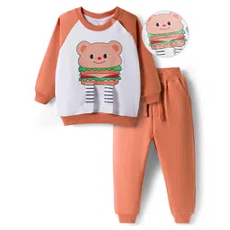 Mark & Mia Terry Knit Full Raglan Sleeves Winter Wear Suit with Burger Graphic & Bear Applique - Coral-picture-13