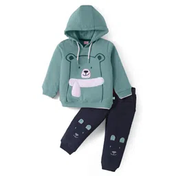 Mark & Mia Terry Knit Full Sleeves Winter Wear Hooded Sweatshirt & Lounge Pant Set with Bear Print & Patch Detailing - Navy Blue & Mint-picture-11