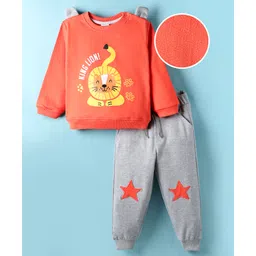 Mark & Mia Terry Knit Full Sleeves Winter Wear Set With Lion Print & Knee Patch Detailing - Orange & Grey-picture-30