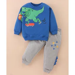 Mark & Mia Terry Knit Full Sleeves Winter Wear Suit With Dino Print & Applique - Blue & Gray-picture-23