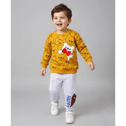 Mark & Mia Terry Knit Full Sleeves Winter Wear Sweatshirt & Lounge Pant Set with Bear Print & Bow Applique - Yellow-picture-35