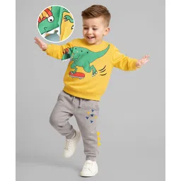 Mark & Mia Terry Knit Full Sleeves Winter Wear Sweatshirt & Lounge Pant Set with Dino Print & Applique - Yellow-picture-27