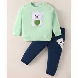 Mark & Mia Terry Knit Full Sleeves Winter Wear Sweatshirt & Lounge Pant Set With Polar Bear Patch Detailing - Navy Blue & Light Green-picture-28